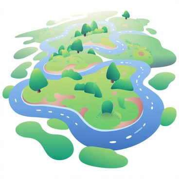 An aerial view showcases a lush river delta teeming with life. The delta is characterized by winding waterways that shimmer in the sunlight, reflecting shades of blue. Surrounded by vibrant green landscapes, the area is dotted with clusters of trees and patches of grass. The watercourses meander through the fertile land, creating natural patterns of intermingling blues and greens. Small islands with varied vegetation can be seen within the delta, contributing to the overall richness of the scene.