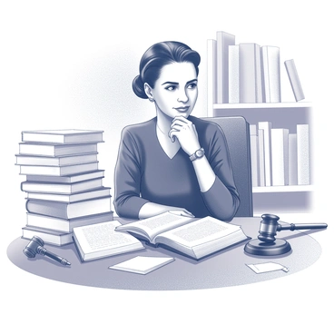 A woman in a thoughtful pose, representing Simone Veil, is seated at a wooden desk. The desk is cluttered with several open books, showcasing titles that reflect her influences. Beside the books, there are a few gavels, symbolizing her connection to law and justice. The background features shelves filled with additional books, emphasizing her extensive knowledge and advocacy. Scattered papers and a pen are also on the desk, suggesting an atmosphere of contemplation and intellectual engagement. The woman's expression is focused, conveying determination and strength.