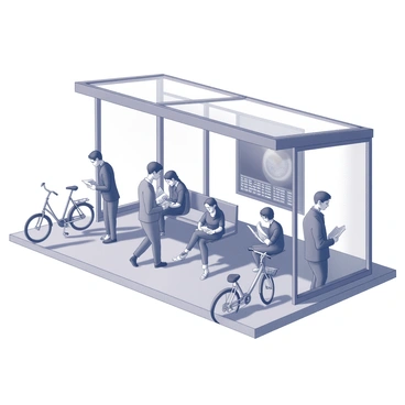 A city bus stop with a shelter made of glass and metal. There are several people standing and sitting, waiting for the bus. Some individuals are engaged in reading newspapers, while others are checking their phones or chatting with each other. A few bicycles are parked nearby, and a large advertisement poster is displayed on the side of the bus stop. The scene conveys a sense of activity and urban life.