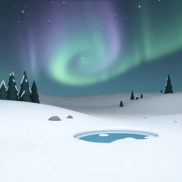 A snowy Canadian landscape, with the ground blanketed in thick, white snow. In the sky above, "the northern lights" are vividly displayed, with vibrant shades of green, blue, and purple swirling and dancing across the night sky. The scene features distant dark pine trees silhouetted against the snow, while a small ice-covered lake reflects the colors of the aurora above. A few scattered boulders are visible on the snowy ground, enhancing the untouched nature of this tranquil environment.