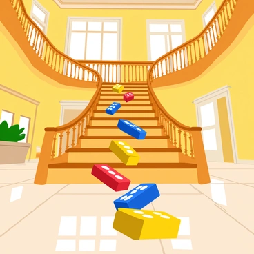 A series of colorful dominoes cascading down a spiral staircase in a grand building. The staircase features ornate railings and polished wooden steps, with the dominoes creating a vibrant trail as they topple over. Each domino is uniquely patterned, showcasing bright colors like red, blue, and yellow. The grand building has high ceilings adorned with intricate moldings and large windows allowing natural light to illuminate the scene. The floor at the base of the staircase is made of shiny marble, reflecting the falling dominoes.