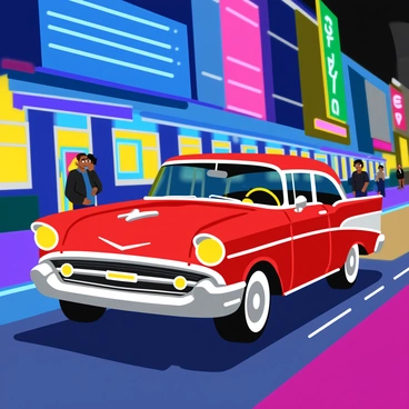 A vintage classic car in a shiny red color is cruising down a city street. The car has chrome detailing and its headlights are on, reflecting the vibrant hues of neon lights. The street is lined with tall buildings adorned with bright neon signs in various colors, including blue, pink, and green. The pavement glistens as if it has just rained, capturing the glow of the lights above. The atmosphere is lively, with a few pedestrians in the background engaged in conversation.