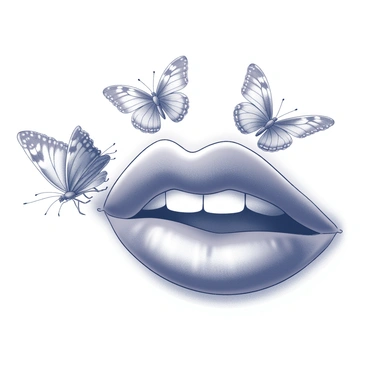 A close-up view of a pair of lips with a gentle smile. Several butterflies are delicately resting on the lips, their wings spread open. The butterflies have distinct patterns and shapes, showcasing intricate details of their wings. The background is softly blurred to emphasize the focus on the lips and butterflies, creating a harmonious composition.