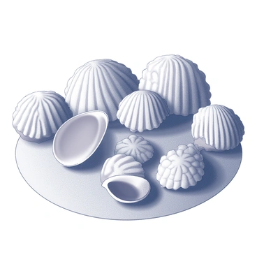 A collection of seashells arranged on a textured surface. The seashells display intricate patterns with natural color gradients transitioning smoothly between shades. Each shell exhibits unique shapes and forms, some are spiral, while others are flat or conical. The gradients appear as if they are blending into one another, creating a harmonious flow across the shells. The light casts soft shadows, adding depth to the scene.
