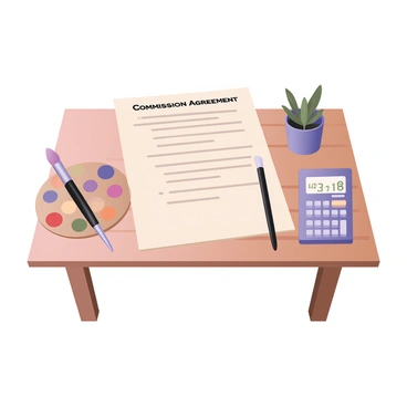 A digital flat illustration of a formal commission agreement document displayed on a wooden table. The document has a clean and professional layout, with a bold header that reads "Commission Agreement" at the top in dark blue text. Below the header, there are sections detailing the artist's name, project description, timeline, and payment terms, all written in black text. Next to the document, there is an artist's palette with various paint colors and a set of brushes. A calculator is positioned on the table, displaying pricing details in bright green numbers. A decorative potted plant is visible in the background, adding a touch of color to the scene.