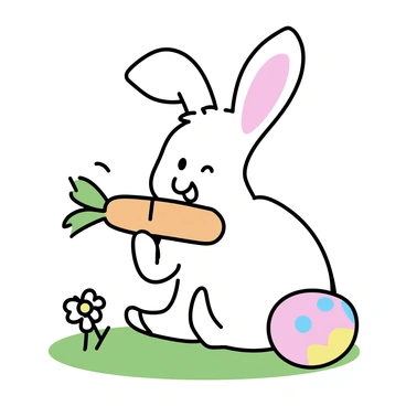 A rabbit cheerfully munching on a large carrot beside an Easter egg
