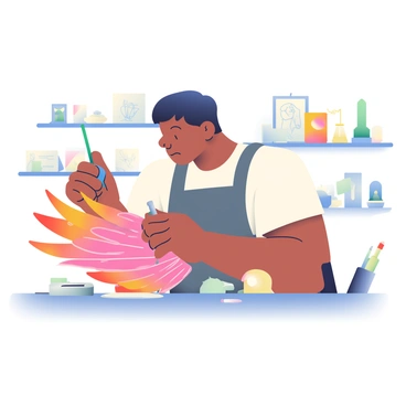 An artist with medium skin and short black hair is focused intently on a sculpture of wings. The wings are intricately designed, made from twisting flames that appear to flicker and dance. The artist is wearing a charcoal gray apron over a white shirt, holding a sculpting tool in one hand. The workspace is cluttered with tools and materials, with a soft glow illuminating the scene. Behind the artist, there are shelves lined with various sculptures and sketches, contributing to the creative atmosphere.