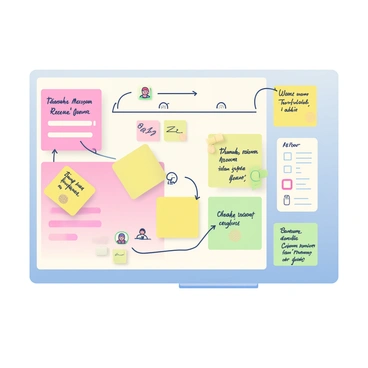 A digital board displays a collection of colorful sticky notes in various shades of pink, yellow, and green, each containing handwritten text. There are project timelines marked with distinct lines, showing progress with arrows pointing towards deadlines. The board is filled with a mix of notes and visuals, including checklists and task assignments. A few icons represent different team members, connecting to their respective tasks with thin lines. The background is a soft gradient that subtly enhances the overall appearance of the digital board.