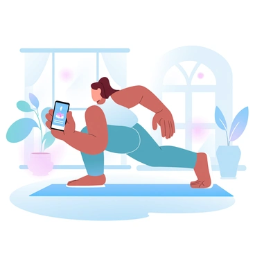 A person is in a living room, holding a smartphone in one hand while performing squats. The individual is dressed in athletic wear, including a tank top and leggings. The room is furnished with a yoga mat on the floor and a small indoor plant in the corner. The smartphone screen displays a fitness app interface with exercise instructions. In the background, there is a large window letting in natural light, illuminating the space with soft, warm colors.