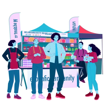 An entrepreneur with medium skin and short curly hair is smiling as they engage with a group of local customers at a vibrant community event. They are wearing a casual yet professional outfit: a light blue button-up shirt and dark jeans. The scene is bustling, with colorful tents from various vendors showcasing handmade crafts, fresh produce, and artisanal foods in the background. Local customers of diverse backgrounds are interacting with the entrepreneur, showing interest in the products being offered. There are banners displaying "Community Market" and "Support Local" nearby, creating a lively atmosphere filled with interaction and connection.