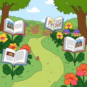 A vibrant garden filled with a variety of flowers in full bloom. Each flower has petals that unfurl into colorful pages, creating a whimsical scene. The pages display different illustrations and text, representing various tales. Some pages are adorned with images of knights and dragons, while others feature fairytales with castles and enchanted creatures. The garden is lush with green grass and winding paths, inviting exploration. Sunlight filters through the leaves of nearby trees, casting playful shadows on the ground. In the background, there are small butterflies fluttering around, adding to the lively atmosphere.