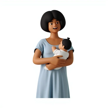 A mother with medium skin tone and curly hair is gently holding her baby in her arms. The mother is wearing a soft, light blue dress. The baby, with a small tuft of hair and wearing a white onesie, is nestled comfortably against her chest. The mother's expression radiates warmth and tenderness as she looks down at her baby with a soft smile. The scene emphasizes the bond between them, highlighting the gentle embrace and the loving atmosphere surrounding them.