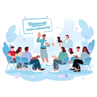 A group of students is gathered in an outdoor setting with their sketchbooks open. One tutor is standing in front, demonstrating techniques on how to capture the essence of city life. The students are sitting on folding chairs, some are focused on sketching buildings, while others are drawing people walking by. Scattered around them are various city elements, such as tall buildings, street vendors, and trees. The scene features a variety of sketching materials, including pencils and charcoal, lying on the ground. A large "Welcome to the Outdoor Sketching Event" sign is visible in the background.