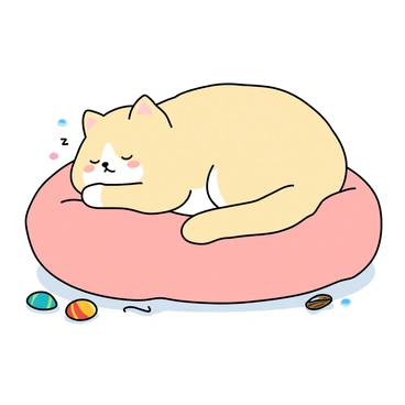 A chubby kawaii cat with round cheeks and large, sparkling eyes is sleeping peacefully. The cat has fluffy fur in a mix of cream and white colors, and its tiny paws are tucked underneath its body. It is resting on a soft pink pillow, which is round and plush, slightly squished under the cat's weight. The background features a few scattered toys, including a small colorful ball and a piece of yarn, adding a playful touch to the scene.