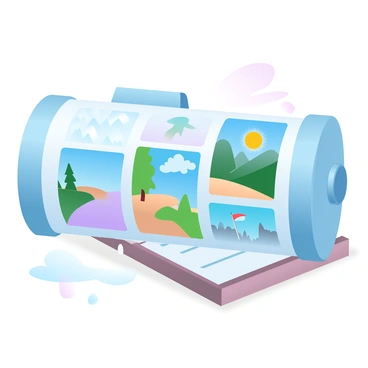 A viewfinder toy is placed on a wooden surface, showcasing a vibrant collection of images. The toy has a classic design with a cylindrical shape and a button on the side. Inside the viewfinder, various landscapes are visible, including "a snowy mountain range," "a lush green forest," "a sandy beach with crystal clear water," and "a vibrant city skyline at sunset." Each landscape is distinct and colorful, capturing the essence of different locations around the world. Light gently reflects off the viewfinder, highlighting its details and inviting the viewer to explore the scenes within.