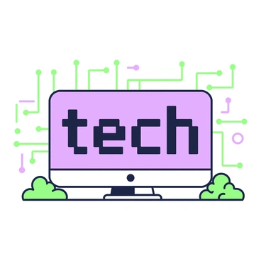 A digital display is positioned on a flat surface, showcasing a pixelated font that spells "tech." The display features a rectangular screen with rounded edges. The letters are bold and blocky, prominently occupying the center of the screen. Surrounding the display, there are small green and purple circuit patterns that add detail to the scene. The overall design highlights the modern and technological theme associated with the word "tech."