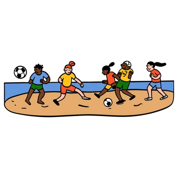 Players enjoying a game of beach soccer while wearing casual soccer shoes in the sand.
