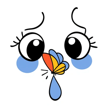 Close-up of a pair of light blue crying eyes with big pupils, capturing the emotion of sadness. A colorful butterfly with vibrant orange, blue, and yellow wings is gently landing on a tear. The butterfly symbolizes transformation and hope, while the eyes reflect a deep sense of longing and vulnerability. The background is softly blurred to emphasize the connection between the eyes and the butterfly.