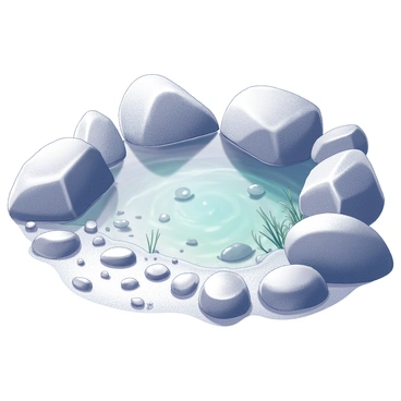 A crystal-clear rock pool sits surrounded by rugged stones. The surface of the water reflects the light, creating a vibrant interaction with the underwater landscape. Numerous pebbles, showcasing various shapes and sizes, rest on the sandy bottom, creating a textured pattern. Small aquatic plants sway gently with the movement of the water, adding depth to the scene. Sunlight filters through the water, illuminating the pool and highlighting the details of the pebbles and plants below.