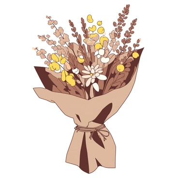 A collection of dried wildflowers in various shades sits in the center of the image. The wildflowers include muted yellows, browns, and soft whites, creating a natural look. They are arranged in a loose, organic manner. The bouquet is wrapped in crumpled brown paper, which gives it a rustic feel. The edges of the paper are slightly curled, adding to the charm. A piece of twine is tied around the paper, keeping the bouquet secure. The overall appearance is warm and inviting.