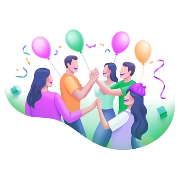 A vibrant scene depicting a group of friends engaging in joyful interactions at a party. In the foreground, two friends are shaking hands, their expressions conveying excitement and camaraderie. Nearby, another pair of friends is high-fiving, their hands capturing the moment of celebration. The background features colorful balloons and streamers, enhancing the festive atmosphere. Soft lighting illuminates the scene, adding a lively energy to the gathering.