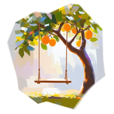 A swing made of woven rope hangs from a sturdy branch of a lush mango tree. The tree is full of green leaves, with clusters of yellow mangoes peeking through the foliage. The swing is made of a polished wooden plank, gently swaying in the breeze. Sunlight filters through the leaves, casting dappled shadows on the ground below, where soft grass is visible.