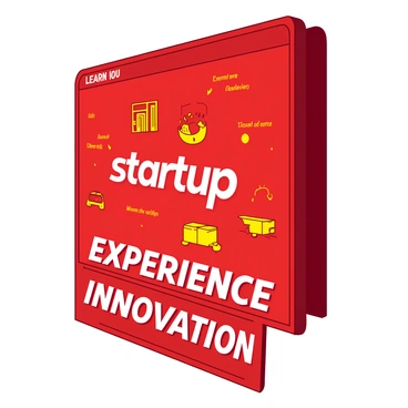 A red subway advertisement prominently displays the logo of a new startup in the center. Surrounding the logo, there are vibrant yellow icons representing various unique selling points, such as fast delivery, eco-friendliness, and customer satisfaction. Below the logo, bold text reads, "Experience Innovation," inviting commuters to learn more. The ad features a sleek design with clean lines and a minimalistic approach, ensuring that the message is clear and engaging. The background is a gradient of red and yellow, creating a striking visual contrast that captures attention.