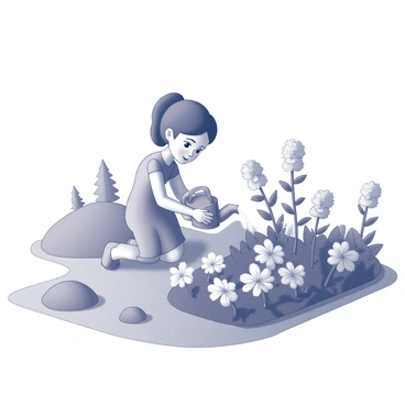A miniature figure of a Polly Pocket is kneeling on the ground, carefully tending to a flower garden. The garden is filled with various flowering plants, featuring intricate details of petals and leaves. Surrounding the garden is a pocket-sized landscape, including small hills and a few tiny trees in the background. The Polly Pocket is wearing a bright outfit and is holding a small watering can, pouring water onto the plants. The scene captures the charm of a small world, with an emphasis on the lushness of the garden and the attentive nature of the figure.