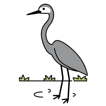 A tall heron with long legs and a slender neck, standing in shallow water. The heron has a sharp beak extended forward, ready to catch a fish. Its feathers are predominantly gray with a hint of white on the head and underbelly. Ripples in the water surround the heron, reflecting its form. The background features patches of green grass along the water’s edge, suggesting a natural habitat.