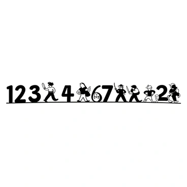 A whimsical path set against a plain background, resembling a number line stretching across the image. Various numbers are walking along this path, each number wearing unique costumes, showcasing a range of themes and styles. Some numbers are clad as pirates, while others dress as knights or in playful animal outfits. The numbers have playful postures, as if interacting with one another, creating a lively scene. There are small details like hats, capes, and accessories that enhance each number's individual style, adding to the overall playful atmosphere of the illustration.