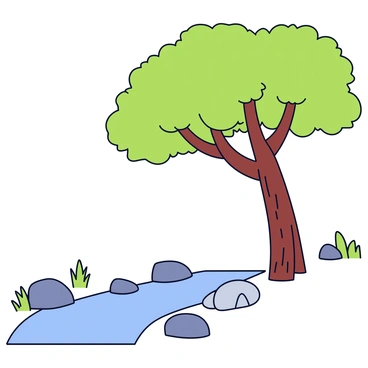 A fig tree with lush green leaves and multiple branches extends its reach beside a flowing stream. The tree's trunk is sturdy and textured, supporting a thick canopy. The stream flows gently with small ripples, reflecting the sunlight. Smooth stones line the edges of the stream, and a few blades of grass poke through the soil near the water's edge.