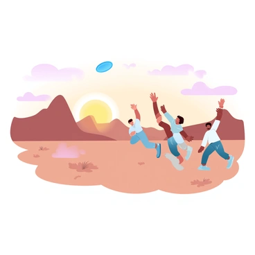 A group of friends is playing with a frisbee in a vast desert landscape. The friends are in active stances, reaching out to catch the frisbee as it soars through the air. The sun is setting on the horizon, casting warm golden and orange hues across the sky. Desert mesas are silhouetted against the colorful backdrop, creating a striking contrast. The sandy ground is dotted with sparse vegetation, enhancing the arid environment. Each friend is dressed casually, showcasing a sense of camaraderie and joy in their playful interaction.