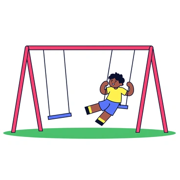 A swing set made of bright red metal with three swings attached. One swing is in full motion, flying forward with a small child wearing a yellow t-shirt and blue shorts. The other two swings are empty and stationary, hanging still beside the moving swing. The ground beneath the swing set is a soft, green grass.
