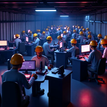 A group of miners, wearing safety helmets and work gloves, is actively engaged in their tasks within a high-tech underground mining facility. The environment is filled with rows of Ethereum mining rigs, each illuminated with vibrant LED lights, creating a dynamic glow in the otherwise dim space. The miners are positioned at various stations, focused on their screens and equipment. The walls of the facility are lined with modern machinery and cables, highlighting the advanced technology being utilized. Each miner has a determined expression, reflecting their commitment to the work at hand.