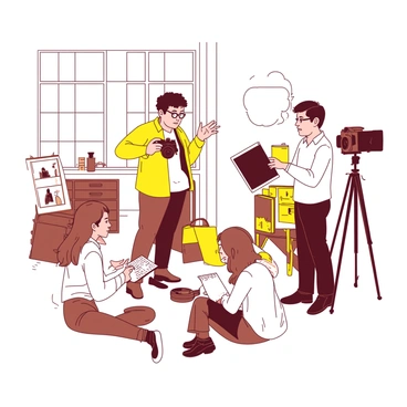 A yellow photographer stands in a well-lit studio, holding a black camera in one hand while gesturing with the other. In front of the photographer, there is a small group of three individuals, each with varying expressions of curiosity. One person, a woman with brown hair, is taking notes on a white notepad, while another, a man with glasses, is adjusting his camera settings. The third individual, a young person with colorful hair, is listening intently, leaning slightly forward. Behind them, there are large windows allowing natural light to stream into the studio, illuminating the various photography equipment and props scattered around.