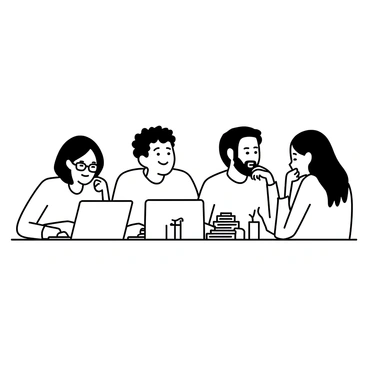 A group of four friends is seated around a table, each focused on their laptops as they play a board game online. One friend, a man with curly hair, is laughing while leaning forward, clearly enjoying the game. A woman next to him, wearing glasses, has her eyebrows raised in concentration, her fingers poised over the keyboard. Another friend, a man with a beard, is glancing at his screen with a smile, while the last friend, a woman with long hair, is biting her lip in deep thought. A stack of game pieces is neatly arranged on the table, alongside snacks and drinks.