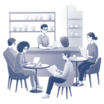 A coffee shop interior filled with a variety of customers. A woman with curly hair sits at a table, focused on her laptop, surrounded by open books and papers. An older gentleman with glasses reads a newspaper in a comfortable armchair next to a window. A young couple engages in conversation while sharing a latte at a small round table. A barista behind the counter is preparing drinks, with shelves of coffee mugs and pastries visible in the background. Warm lighting fills the space, creating an inviting atmosphere.