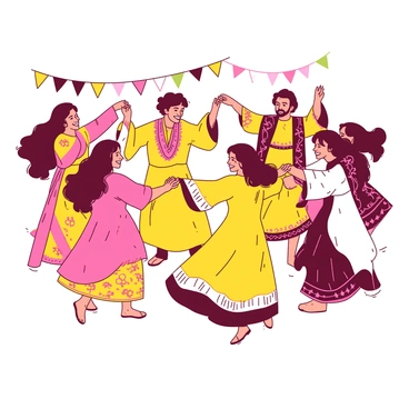 A yellow dance circle of people is joyfully celebrating while wearing vibrant kaftans in various colors. Each person has a unique kaftan design, showcasing intricate patterns and bright hues. They are holding hands and moving rhythmically, with smiles on their faces. The background features colorful decorations, adding to the festive atmosphere. The sunlight shines down, highlighting the flowing fabric of the kaftans as they dance together.