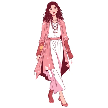 A girl is standing confidently, wearing a flowing outfit composed of lightweight fabrics in various patterns. The fabrics drape elegantly around her figure, showcasing the layered design. She has multiple necklaces around her neck, featuring an assortment of beads and charms that hang at different lengths. Her hair is styled in loose waves, adding to the bohemian aesthetic. The background is softly blurred to emphasize her.