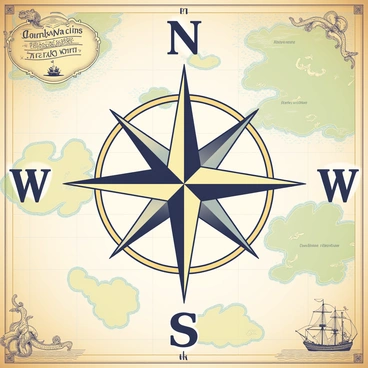 A detailed compass rose is displayed prominently in the center of a vintage map. The compass rose features ornate design elements, including intricate patterns and directional letters "N," "E," "S," and "W" embellished with decorative flourishes. The map underneath is aged with a yellowed texture, showing various landmasses in soft hues of green and brown. There are ancient-looking illustrations of sea monsters and ships along the edges of the map, adding to its historical ambiance. The compass rose stands out, drawing attention to its central position on the map.