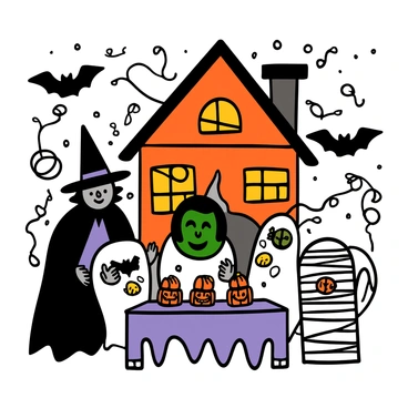 A group of cartoon characters is gathered in a decorated house, celebrating a spooky Halloween party. There are characters dressed in classic costumes: a vampire with pale skin and a black cape, a witch with green skin and a pointed hat, a ghost with a flowing white sheet, and a mummy wrapped in white bandages. The house is adorned with cobwebs, pumpkins with carved faces, and hanging bats. In the background, a table is filled with Halloween treats like candy corn and cupcakes with spooky designs. The characters are laughing and interacting, creating a festive atmosphere filled with joy and excitement.