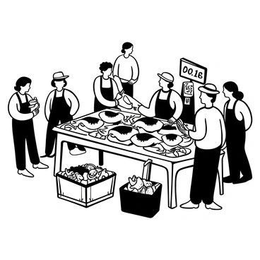 A busy fish market scene filled with fishermen showcasing various types of fresh fish on wooden tables. Several fishermen are engaged in conversation, pointing towards their catches while others arrange the fish neatly on ice. Baskets of shrimp and crabs are placed alongside the tables. In the background, there are signs with prices displayed prominently. The atmosphere is lively as customers browse and examine the fresh seafood.