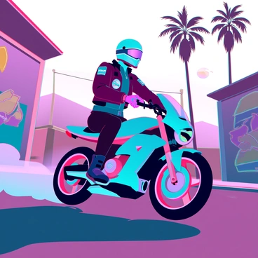 A biker wearing vibrant 80s style gear, including a neon-colored helmet, a leather jacket adorned with patches, and fingerless gloves. The biker is performing a drift on a retro motorcycle, which has a sleek, angular design and bright colors resembling the era's aesthetic. The background features a deserted urban street with graffiti on the walls and palm trees swaying in the wind, capturing the essence of a retro vibe. The scene is illuminated by the warm glow of a setting sun casting long shadows on the asphalt.