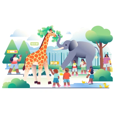 A group of families is walking through a city zoo, surrounded by lush greenery and pathways. In the foreground, two children are pointing excitedly at a tall giraffe with a patterned coat, reaching its long neck towards a tree to nibble on some leaves. Nearby, a majestic elephant is standing in its enclosure, with its large ears flapping gently as it picks up hay with its trunk. Various visitors can be seen in the background, taking pictures and observing the animals. Colorful signs are posted throughout, indicating different animal exhibits, and a small pond with ducks is visible to the side.