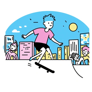 A boy with spiky blue hair, wearing a red t-shirt and black shorts, is performing an impressive skateboard trick. He is mid-air above a smooth concrete skate park ramp. The boy has a focused expression on his face as he executes the trick. Surrounding him are tall buildings with colorful graffiti and vibrant billboards. A few onlookers, including a girl with pink hair and a couple of friends, are watching and cheering nearby. The sun is shining bright in the clear blue sky, creating a lively atmosphere.