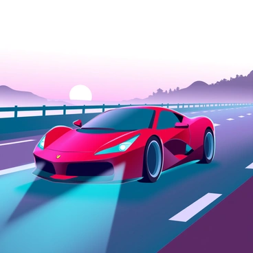 A sleek red Ferrari with shiny curves and an aerodynamic design is speeding down an empty highway. The car has its headlights on, cutting through the early morning mist. The sky is a gradient of soft oranges and subtle purples as the sun begins to rise on the horizon. The highway stretches infinitely ahead, lined with smooth asphalt and minimal road signs. The surrounding landscape features silhouettes of distant hills and trees, partially obscured by the low-lying fog. The tires of the Ferrari leave faint tracks on the wet pavement, capturing the essence of speed and freedom at dawn.