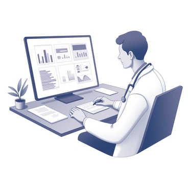 A doctor sitting at a desk, focused on a computer screen. The doctor is wearing a white lab coat and has a stethoscope around their neck. The computer screen displays various medical charts and graphs. The doctor is using a mouse to scroll through the information, with a pen in hand, ready to take notes. Papers and medical files are scattered on the desk, adding to the clinical atmosphere. A potted plant is placed in the background, adding a touch of greenery to the setting.