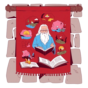 A red tapestry hangs on a stone wall, depicting various scenes from a book. In the center of the tapestry, there is an image of an elderly wizard with a long white beard, dressed in a blue robe, intently reading from an open book. Around him, smaller illustrations unfold, showcasing magical creatures and enchanting landscapes that reflect the stories being told. The tapestry features intricate stitching details that bring the characters and scenes to life, creating a vivid narrative woven into the fabric.