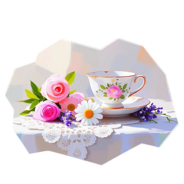 A delicate teacup set featuring a fine porcelain design adorned with intricate floral patterns in soft pastel colors. The teacup is accompanied by a matching saucer, both resting on an elegant white lace tablecloth. Surrounding the teacup set are fresh blooms, including pink roses, white daisies, and lavender sprigs, adding vibrant color and a natural element to the composition. The arrangement creates a charming and inviting scene, with the lace texture softly contrasting the porcelain and flowers.
