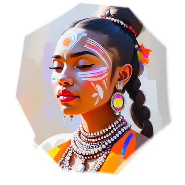 A close-up of a face featuring intricate traditional cultural patterns painted on the skin. The patterns include geometric shapes and floral designs in vibrant colors. The person has dark skin and is wearing elaborate jewelry, including large earrings and a multi-layered necklace made of beads and metal. Their expression is serene, and their hair is styled in an intricate braid that complements the adornments. The background is softly blurred to emphasize the details of the face and jewelry.